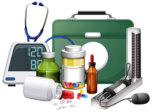 many medical equipments medicine white background 1